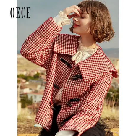 Oece秋冬新款女装 学院风复古格纹减龄牛角扣毛呢大衣短外套商品大图