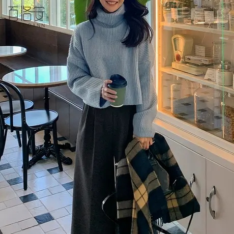 百洛安保暖舒适长袖毛衣女秋冬新款慵懒风宽松长袖短款套头针织衫图片