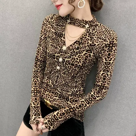 加绒加厚打底衫女秋冬百搭洋气豹纹T恤女长袖性感镂空气质上衣潮商品大图