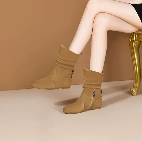 平底靴子女2023年秋冬新款短靴真皮复古堆堆靴圆头大码磨砂中筒靴图片