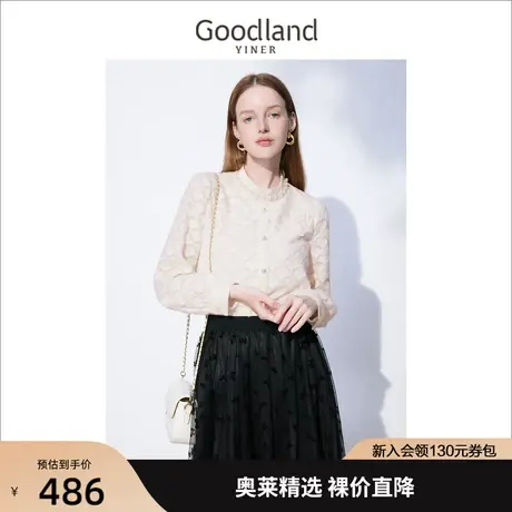 音儿美地女装2022冬季新款镂空纹理钉珠扣公主袖衬衫商品大图