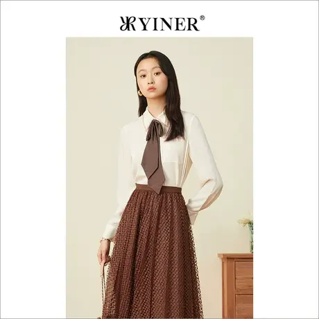 YINER音儿女装春季时尚蚕丝飘带娃娃领衬衫上衣商品大图