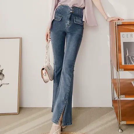 桔熊夏季复古牛仔长裤子女设计感高腰裤管开衩喇叭裤大码BA7127图片