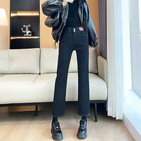 黑色加绒直筒牛仔裤女秋冬季新款高腰显瘦宽松小个子九分烟管裤子商品大图