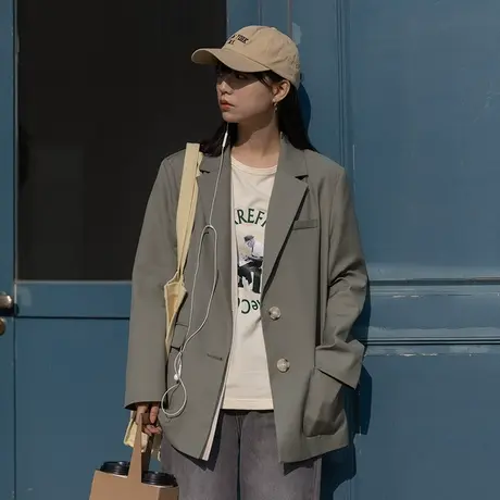 omont蛋挞家 复古假两件西装外套女春秋季新款设计感休闲宽松西服商品大图