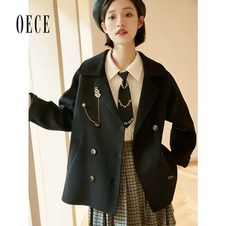 Oece复古毛呢外套冬装新款女装学院风羊毛呢子中长双面呢大衣商品大图