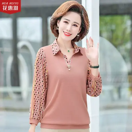 中年女秋装翻领衬衫女2021新款妈妈T恤小衫洋气春秋长袖 衬衫上衣图片