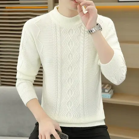 麻花针织衫男士秋冬季潮牌宽松毛衣加绒加厚款内搭纯色打底衫羊毛商品大图