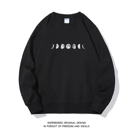 月亮阴晴圆缺 秋季美式休闲简约印花卫衣男圆领套头宽松休闲上衣图片