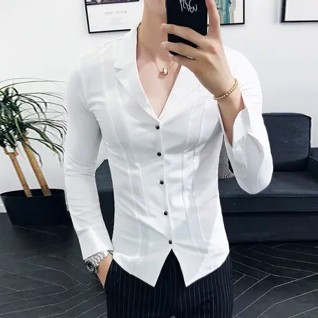 衬衫男士长袖秋季潮流设计感上衣发型师网红个性翻领痞帅黑色衬衣商品大图