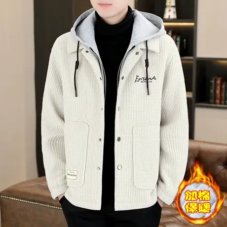 秋冬季加棉加厚连帽呢子夹克男士潮流假两件防寒外套夹棉保暖上衣商品大图