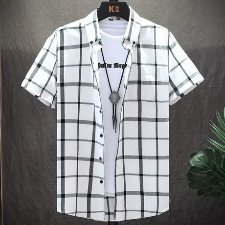 夏季短袖格子衬衫男士韩版休闲外套潮牌男装上衣半袖衬衣百搭帅气图片