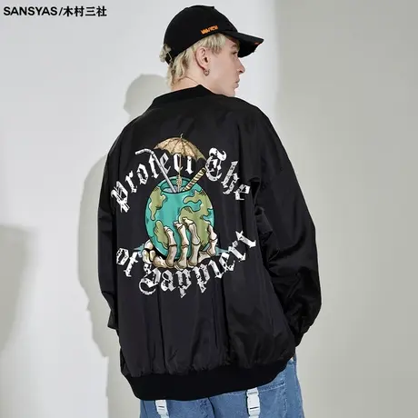 木村三社SANSYAS 背面印花设计飞行夹克拉链黑色休闲痞帅外套男图片