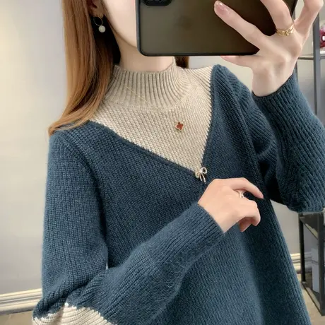 半高领毛衣女2025春季新款洋气拼色加厚套头假两件针织打底衫内搭商品大图