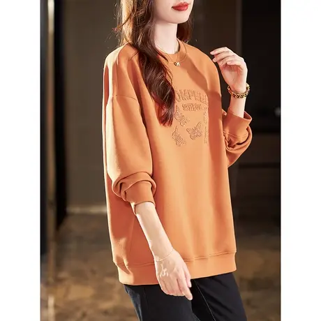 宝诗黎圆领字母亮片宽松卫衣2024春季新款长袖落肩上衣女纯色慵懒商品大图