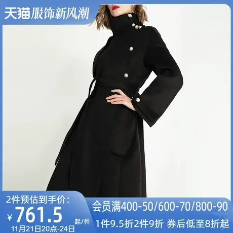 aui欧洲站黑色高领不规则毛呢外套女中长款2024秋冬新款呢子大衣图片