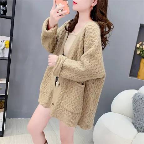 宽松大口袋V领针织开衫女春秋2023年新款洋气减龄设计感毛衣外套商品大图