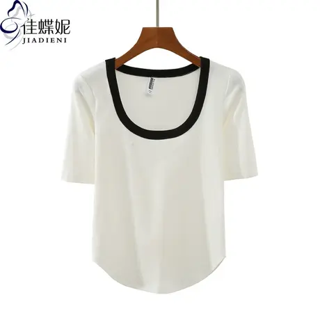 早春撞色圆领短袖T恤上衣纯色纯棉半修身打底衫韩版不规则弧摆商品大图