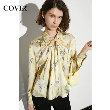COVER春款时尚摩登大理石花纹印花仿醋酸设计感衬衫图片