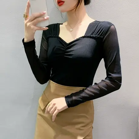 性感V领钉珠T恤女长袖2024秋季新款纯色百搭上衣时尚网纱打底衫潮商品大图