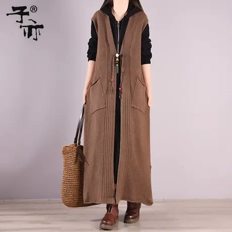 子亦春装开衫长款纯色系带毛衣马甲外套宽松无袖针织背心马夹图片