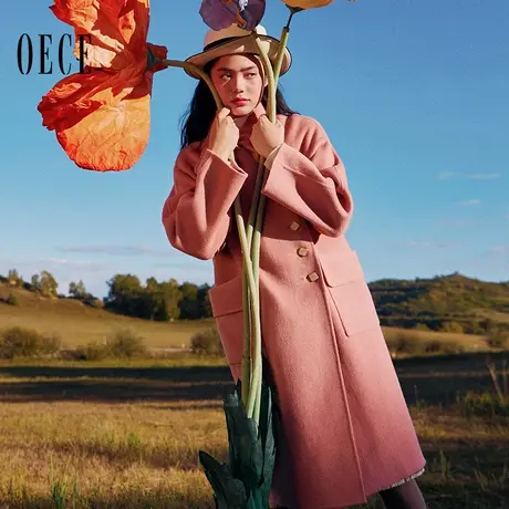 Oece冬新款女复古中长款双面羊毛呢子大衣毛呢外套图片