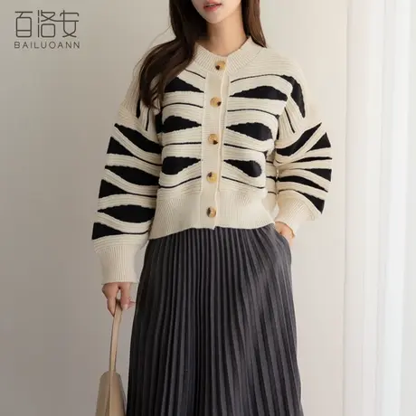 百洛安氛围感撞色针织开衫女冬季新款慵懒风宽松圆领长袖毛衣外套图片