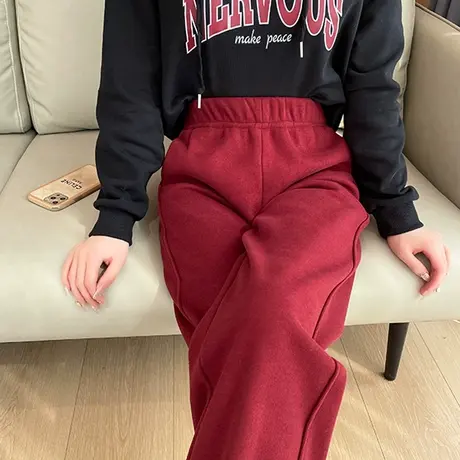 加绒红色阔腿裤女2023新款冬季加厚毛呢垂感休闲裤高腰直筒香蕉裤图片