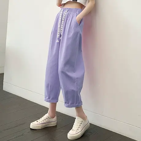 紫色休闲灯笼裤八分小个子2024新款女夏季薄款哈伦萝卜裤九分高腰商品大图