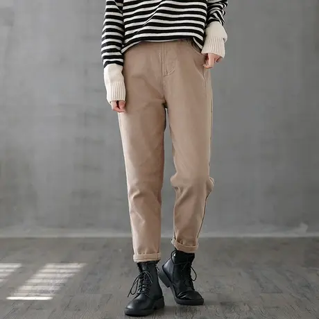 dza 文艺复古高腰显瘦加绒裤子女士加厚直筒裤新款2022百搭休闲裤商品大图