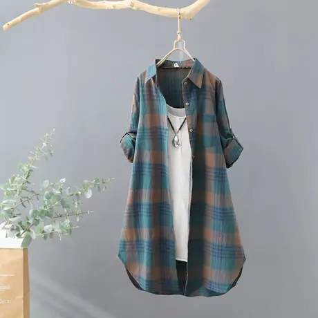 中长款休闲格子衬衫女宽松韩版2024春装新款长袖开衫纯棉衬衣韩范商品大图