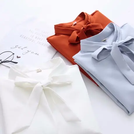 纯色不透雪纺衬衫女秋长袖蝴蝶结系带暗扣衬衫韩版学生百搭白衬衣商品大图