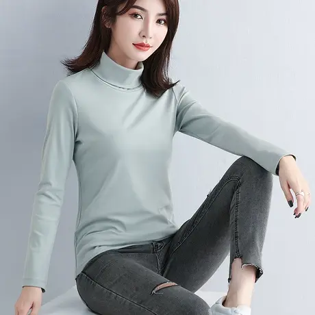 浅蓝色高领打底衫女薄款春秋2024新款内搭长袖修身纯色可外穿上衣图片