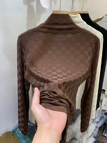 欧货半高领格子提花t恤女2022秋冬新款洋气磨毛内搭打底衫上衣潮图片