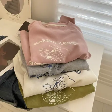 慵懒显白圆领套头卫衣！字母印花宽松显瘦插肩休闲上衣学生外套女图片