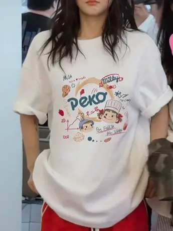 欧货白色仿棉短袖t恤女装夏季2023新款独特别致学生宽松卡通上衣商品大图