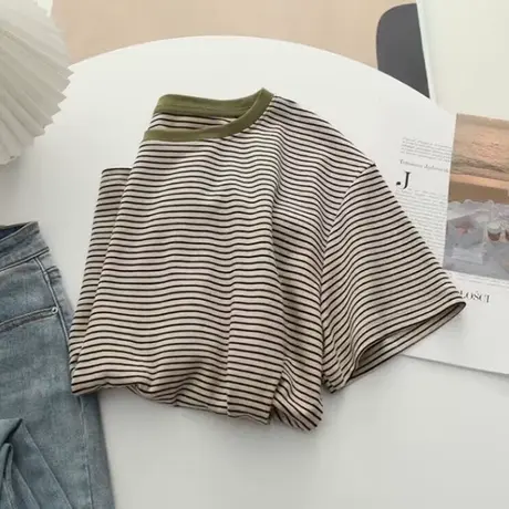 圆领条纹纯棉半截袖T恤女2024夏季新款百搭宽松显瘦chic港味上衣商品大图