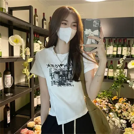 夏季修身显瘦辣妹设计感小众不规则别致正肩短款短袖T恤上衣女装商品大图