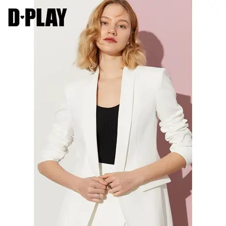DPLAY秋装新款通勤ol风白色堆堆袖青果领长款修身西装外套图片