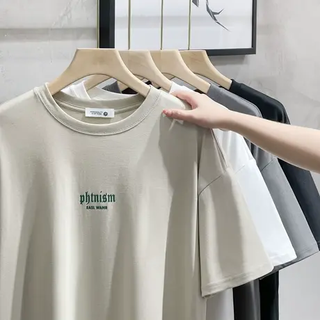 美式重磅纯棉落肩袖短袖t恤男夏季宽松印花高街男装休闲半袖体恤商品大图