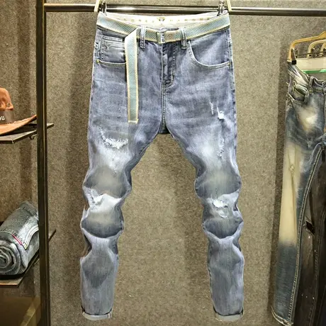 九分裤男牛仔裤破洞补丁潮牌ins哈伦小脚裤夏季薄款男生休闲裤子图片