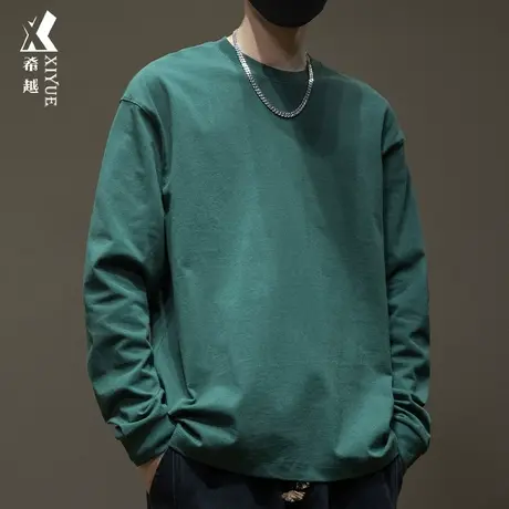 墨绿色精梳棉卫衣t恤男长袖2025春秋新款男士宽松大码内搭打底衫商品大图