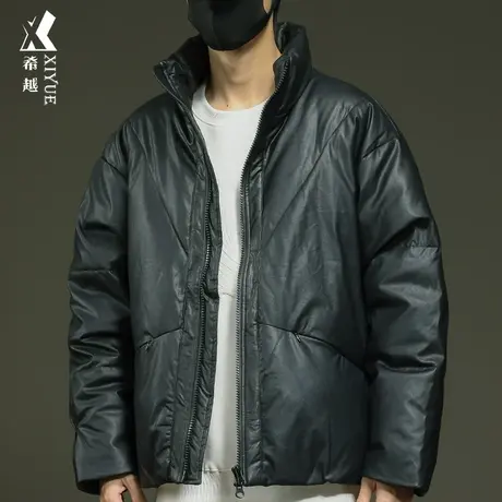 新国标90白鸭绒pu皮羽绒服冬季加厚保暖宽松大码男士机车连帽棉服商品大图