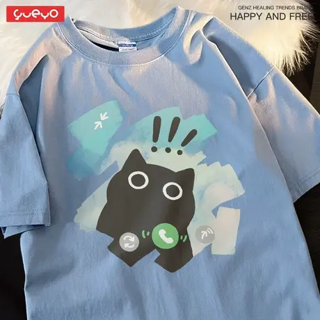 悦游「吓喵一跳」夏季涂鸦短袖男宽松纯棉t恤男士潮牌原创小众商品大图