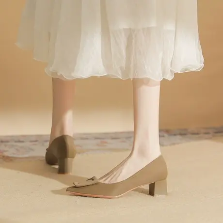 粗跟高跟鞋女2024新款秋冬设计感小众软皮不累脚方扣中跟通勤单鞋图片