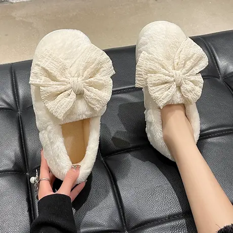 蝴蝶结毛绒棉拖鞋女秋冬季2024新款居家室内保暖包跟厚底月子棉鞋商品大图