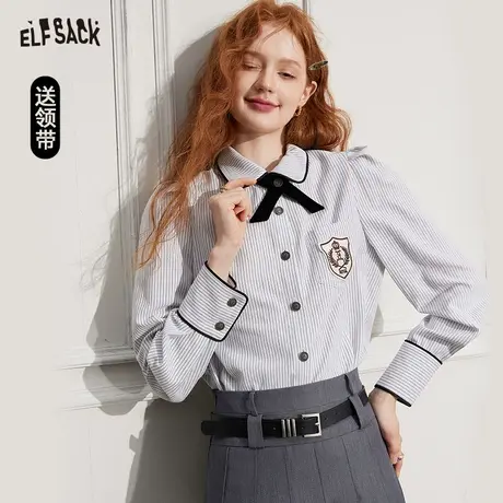 妖精的口袋【送领带】娃娃领正肩条纹衬衫女2023秋新款学院风衬衣图片