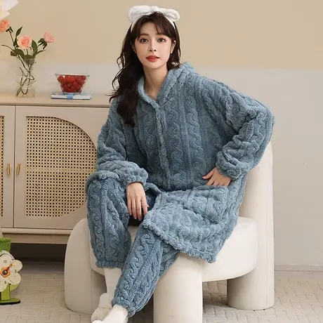 珊瑚绒睡衣女冬季加绒加厚2023新款女士睡袍法兰绒套装秋冬款长款商品大图