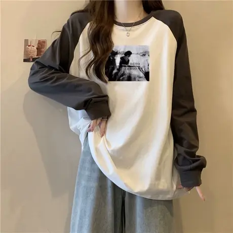 ins超火撞色拼接长袖T恤女秋冬季百搭休闲宽松德绒保暖插肩袖上衣商品大图