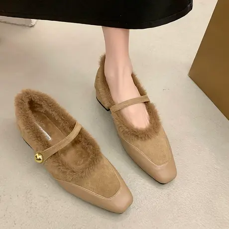 玛丽珍鞋女2023年秋冬季复古百搭加绒晚晚鞋配裙子浅口粗跟毛毛鞋图片